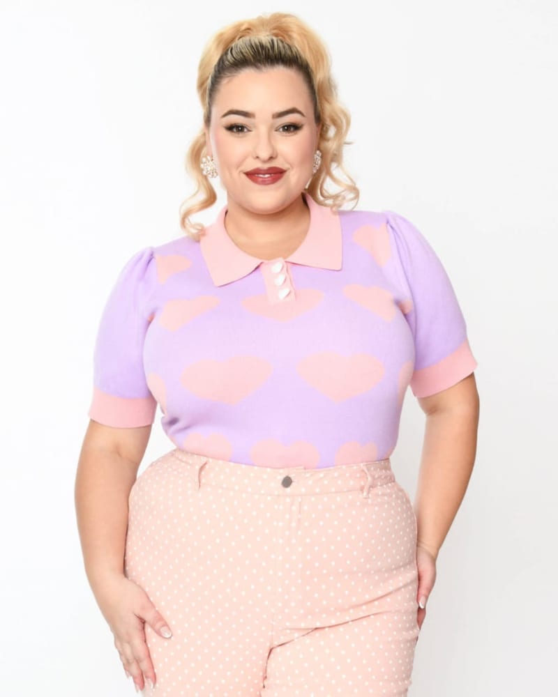 Front of a model wearing a size 1X Unique Vintage Lavender & Pink Hearts Short Sleeve Sweater in Lavender & Pink Hearts by Unique Vintage. | dia_product_style_image_id:325135